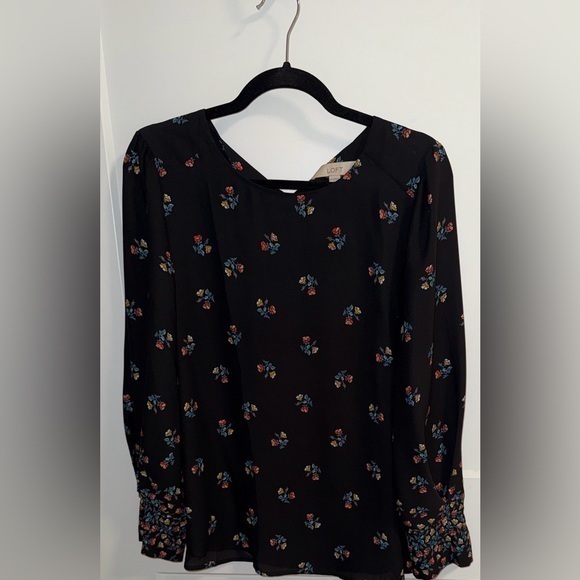 LOFT Tops - LOFT Black Floral Long-Sleeve Blouse with Red and Blue Accents